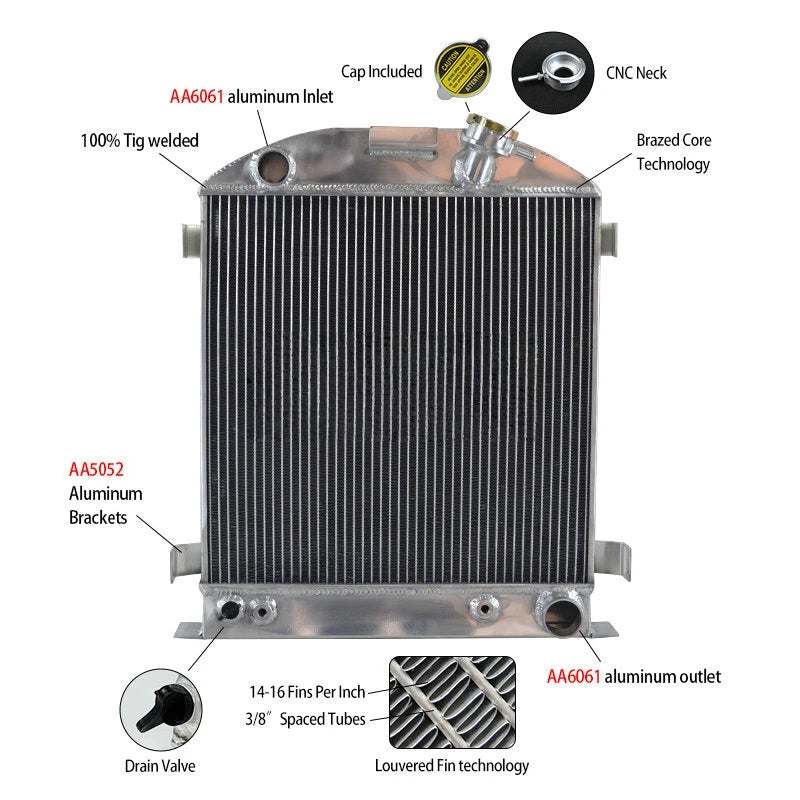 62mm 3 row Aluminum Radiator For 1932 Ford Chopped Hot Rod W / 1932-1939 Model A Chevy 350 V8 Engine 1932 1933 1934 1935 1936 1937 1938 1939
